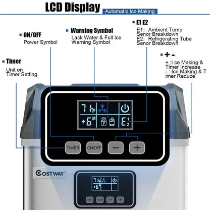 24-Hour Stainless Steel Countertop Ice Maker  48LB Capacity, LCD Display, Self-Cleaning Function & Included Scoop