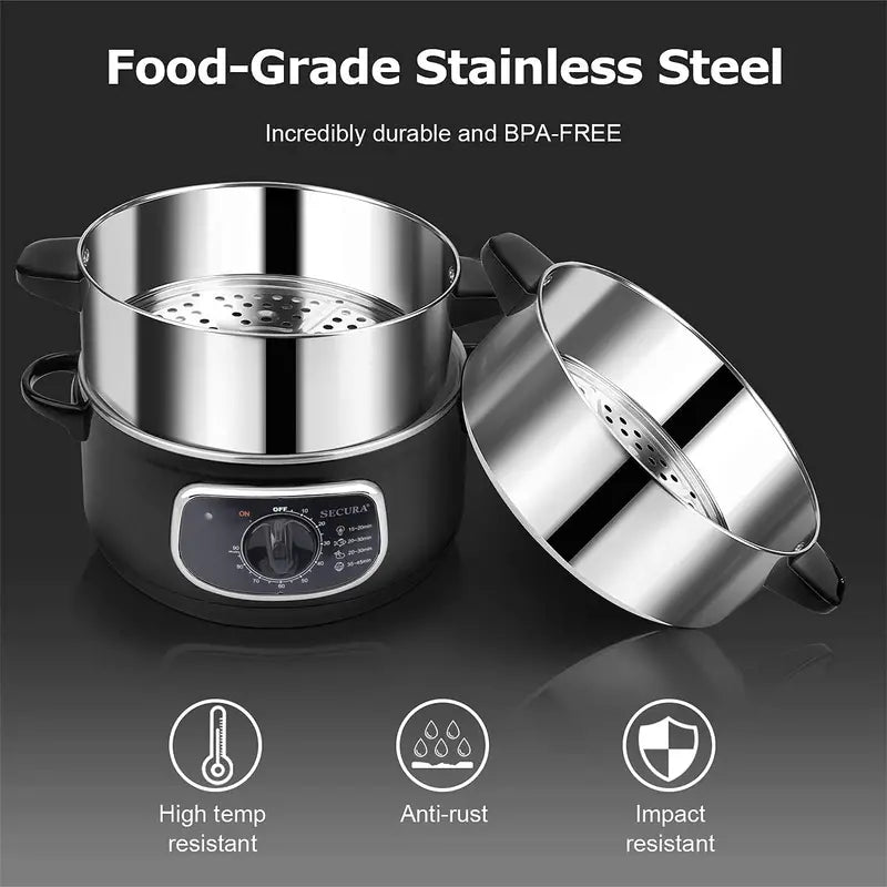 Dual-Layer Electric Food Steamer  8.5L Glass-Covered Stainless Steel Steaming Basket Set, Stackable Design with Built-in Timer