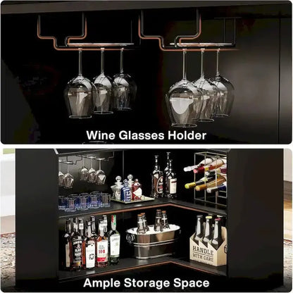 L-Shaped Bar Cabinet with Stemware Racks  Stylish Home Pub Storage Solution