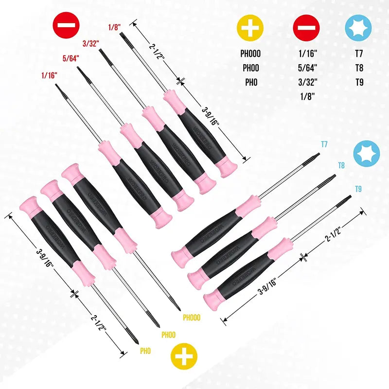 WORKPRO 10-Piece Precision Screwdriver Set  Magnetic Tips, Phillips/Slotted/Torx, Includes Pink Carry Pouch