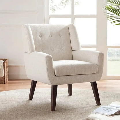 Huimo Mid-Century Modern Accent Chair  Button-Tufted Beige Upholstered Reading Chair for Living Room or Bedroom