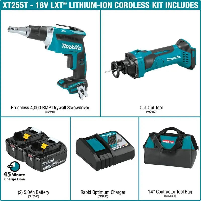 Makita 18V LXT Lithium-ion Cordless 2-Piece Combo Kit (Brushless Drywall Screwdriver/Cut-Out Tool) 5.0Ah XT255T