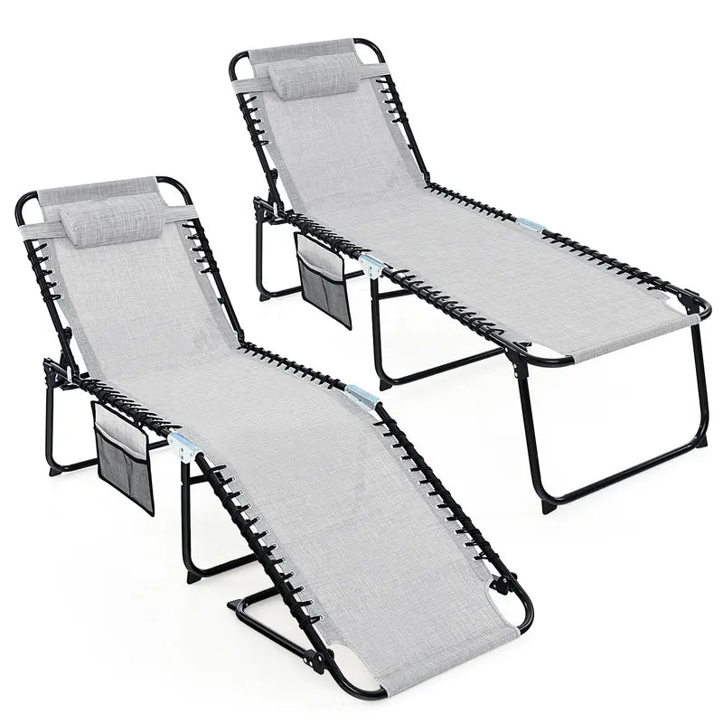 Adjustable Patio Chaise Lounge  Folding Recliner Chair with 4-Position Backrest, Side Pocket & Removable Headrest