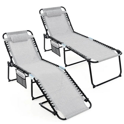 Adjustable Patio Chaise Lounge  Folding Recliner Chair with 4-Position Backrest, Side Pocket & Removable Headrest