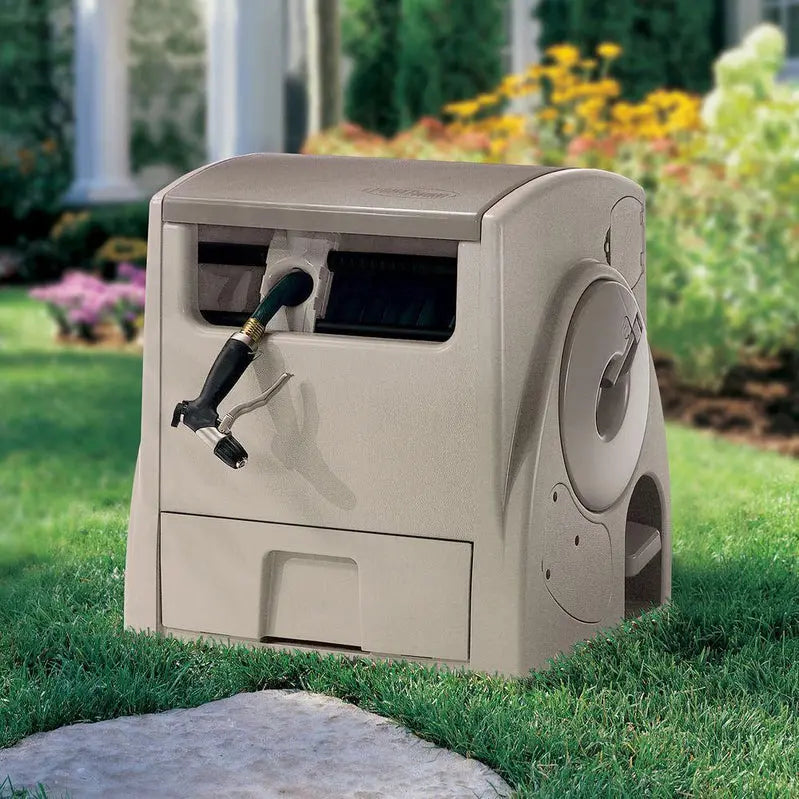 Suncast Powerwind Auto-Rewind 100-Foot Hose Reel  Light Taupe Smart Retraction System