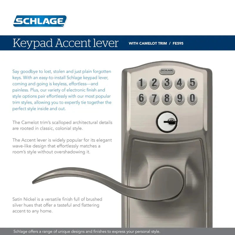 Schlage Camelot Keypad Deadbolt Lock  Keyless Entry, Flex Lock, Illuminated Keypad, Battery Operated