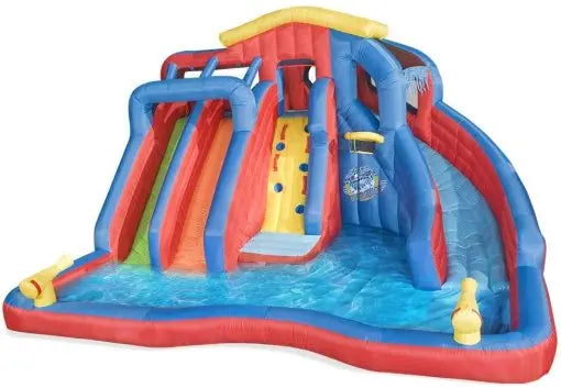 BANZAI Hydro Blast Inflatable Water Park  Triple Slide, Basketball Hoop & Water Cannons in Dura-Tech Material