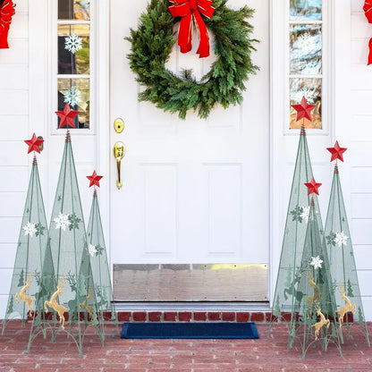 Three-Tier Tower-Style Artificial Christmas Trees — 3 ft, 3.5 ft, and 4 ft Metal Frames with Removable Star Toppers and Mini Reindeer Accents