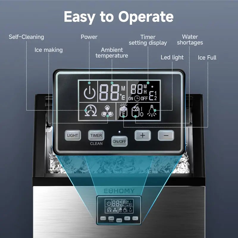 EUHOMY Commercial Stainless Steel Ice Maker — 100 lbs/24H Production, 33 lbs Built-In Storage, Freestanding Undercounter Design