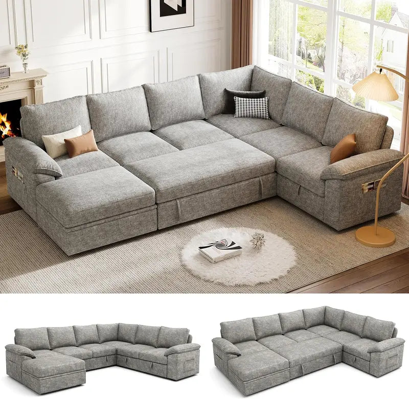 108-Inch U-Shaped Modular Sectional Sofa with Pull-Out Sleeper Bed and Customizable Layout