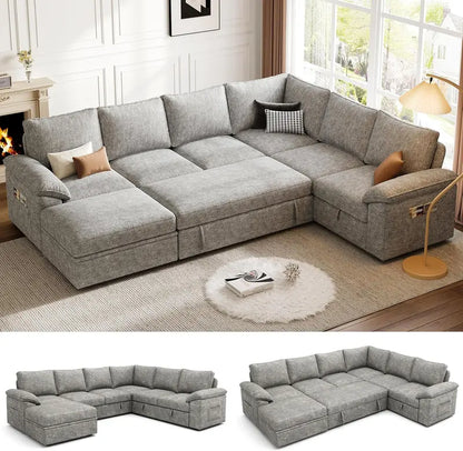 108-Inch U-Shaped Modular Sectional Sofa with Pull-Out Sleeper Bed and Customizable Layout
