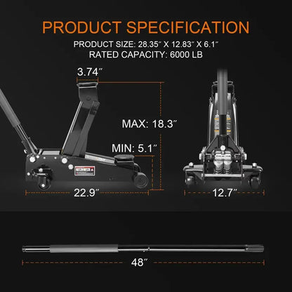 Heavy-Duty 3-Ton Hydraulic Floor Jack  Quick-Lift Dual Pump, Black Finish, W8303-B Model