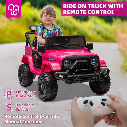 12V Kids Electric Ride-On Truck — Remote-Controlled, Twin 35W Motors, 3.5 MPH Max Speed, Bluetooth Speaker, LED Lights, Safety Belt