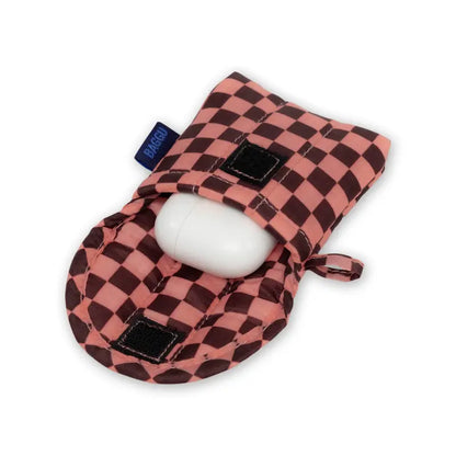 Baggu Puffy Pink-Brown Check Earbud Case (Recycled Nylon)