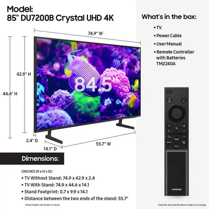 Samsung 85″ Crystal UHD 4K Smart TV  DU7200B, PurColor & HDR, Tizen OS (2024)