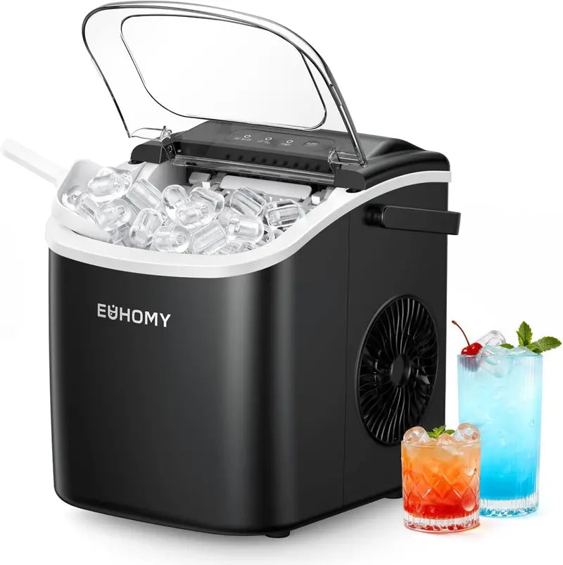EUHOMY Black Countertop Ice Machine  26 lb/Day, 9 Cubes in 6 Minutes, Auto-Cleaning, Portable with Handle, Basket & Scoop