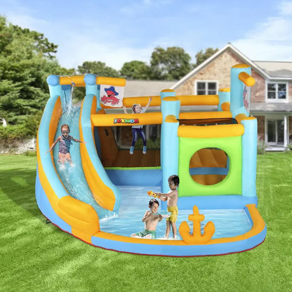 JOYMOR Inflatable Water Slide Park, Pirate Themed Bounce House w/ Obstacle Course, Water Cannon, Splash Pool, Water Slide Bouncer Castle Outdoor Backyard Playhouse for Age 3-12 Kids (Included Blower)