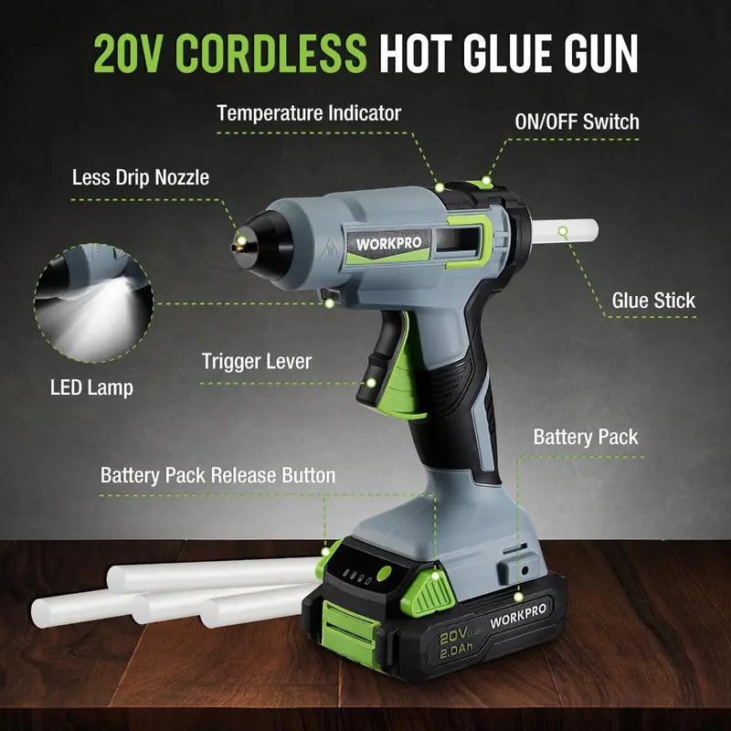 WORKPRO 20V Cordless Hot Glue Gun Kit  Includes 12 Glue Sticks & 2.0Ah Lithium-Ion Battery