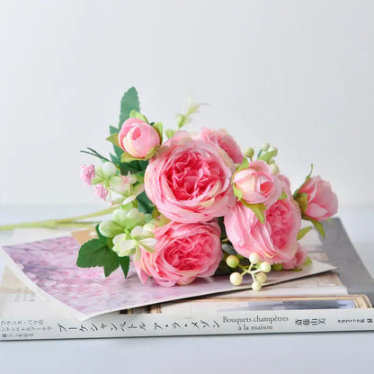 Korean-Style Handheld Peony Bouquet  Five-Spray Silk Floral Arrangement (31 cm)