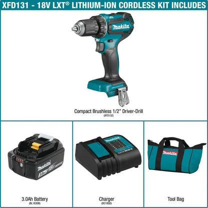Makita 18V LXT Lithium-Ion Brushless Cordless 1/2 in. Driver-Drill Kit, 3.0Ah XFD131