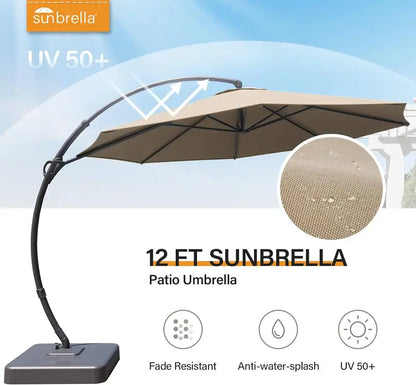 LAUSAINT HOME 11-Foot Cantilever Umbrella — Curvy Offset Design with 360° Rotation, Base Included, Beige Finish