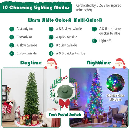 6-Foot or 7-Foot Pre-Lit Slim Pencil Christmas Tree with Realistic PVC/PE Branch Tips
