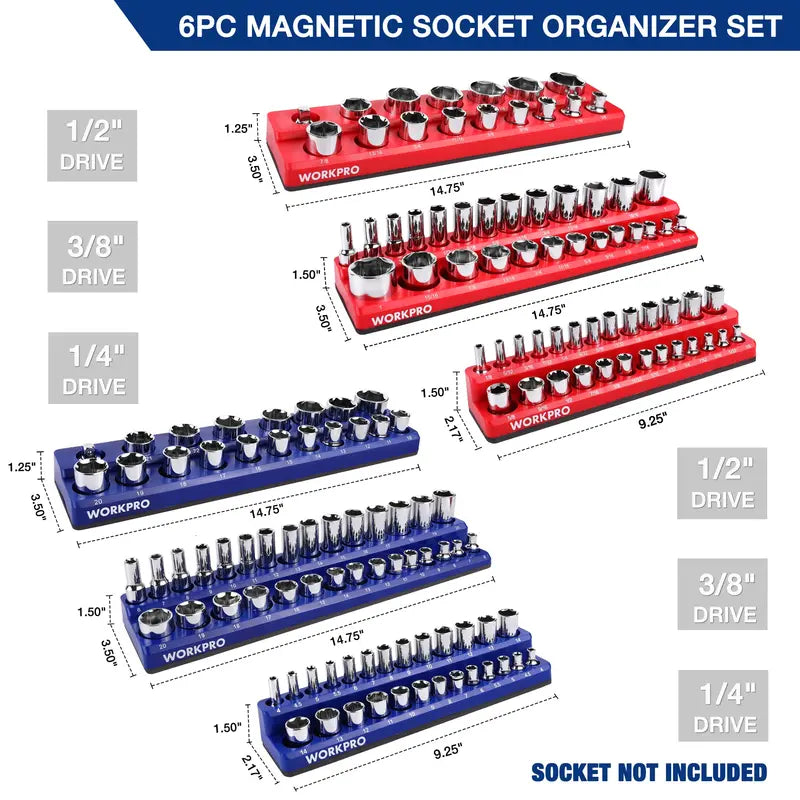WORKPRO Magnetic Socket Organizer  6-Piece Tray System for 1/4″, 3/8″, and 1/2″ Drives, Holds 141 Standard Sizes