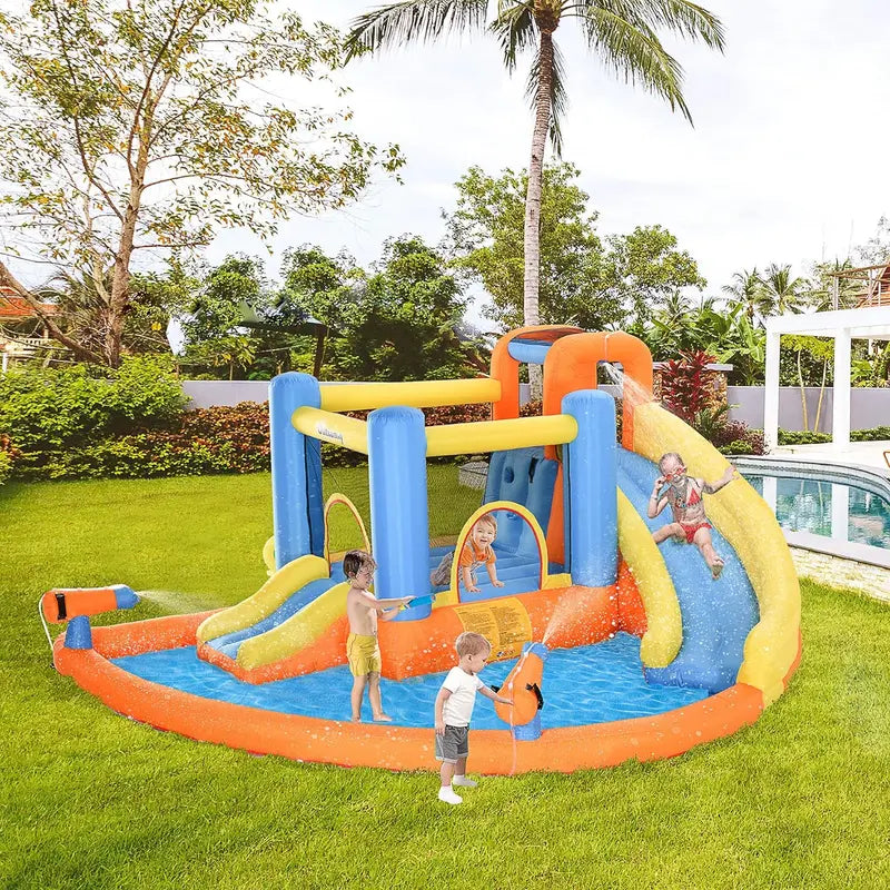5-in-1 Inflatable Water Park for Kids — Slide, Bounce House, Climbing Walls, Dual Water Cannons & Splash Pool