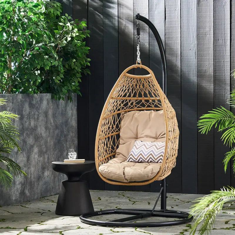 Coloma Foldable Hanging Chair with Wicker & Rope Design  Includes Freestanding Base