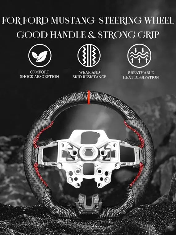 Ford Mustang Carbon Fiber D-Shaped Steering Wheel 2018-2022, Nappa Leather, Hand-Stitched, Fits EcoBoost/GT/Shelby GT350/GT350R