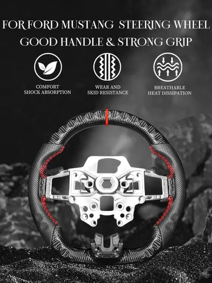 Ford Mustang Carbon Fiber D-Shaped Steering Wheel 2018-2022, Nappa Leather, Hand-Stitched, Fits EcoBoost/GT/Shelby GT350/GT350R