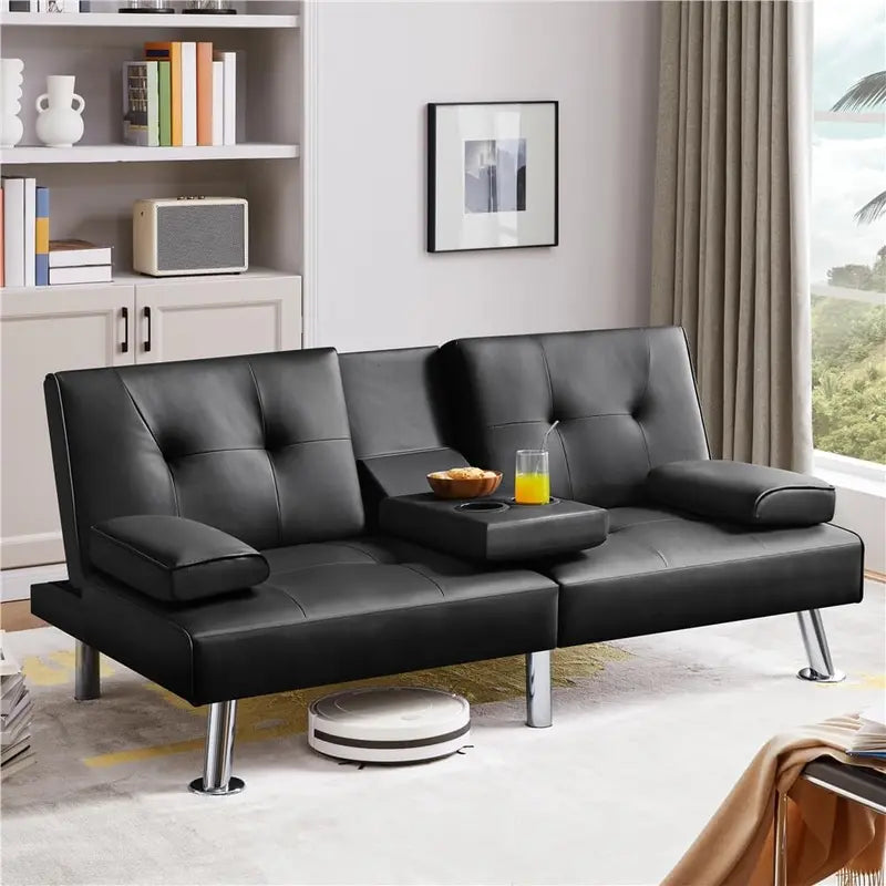 Yaheetech Faux Leather Convertible Sofa Bed  Reversible Loveseat with Removable Arms & 3-Position Recline