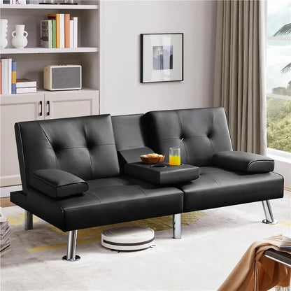 Yaheetech Faux Leather Convertible Sofa Bed  Reversible Loveseat with Removable Arms & 3-Position Recline