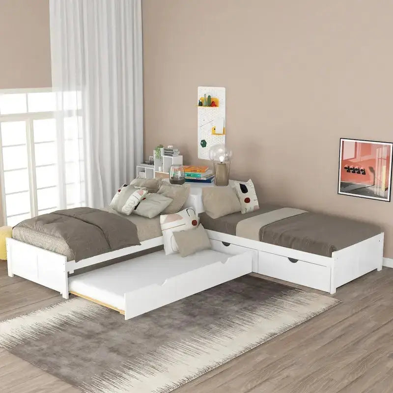 Contemporary White L-Shaped Twin Platform Bed with Built-in Trundle and Storage Drawers