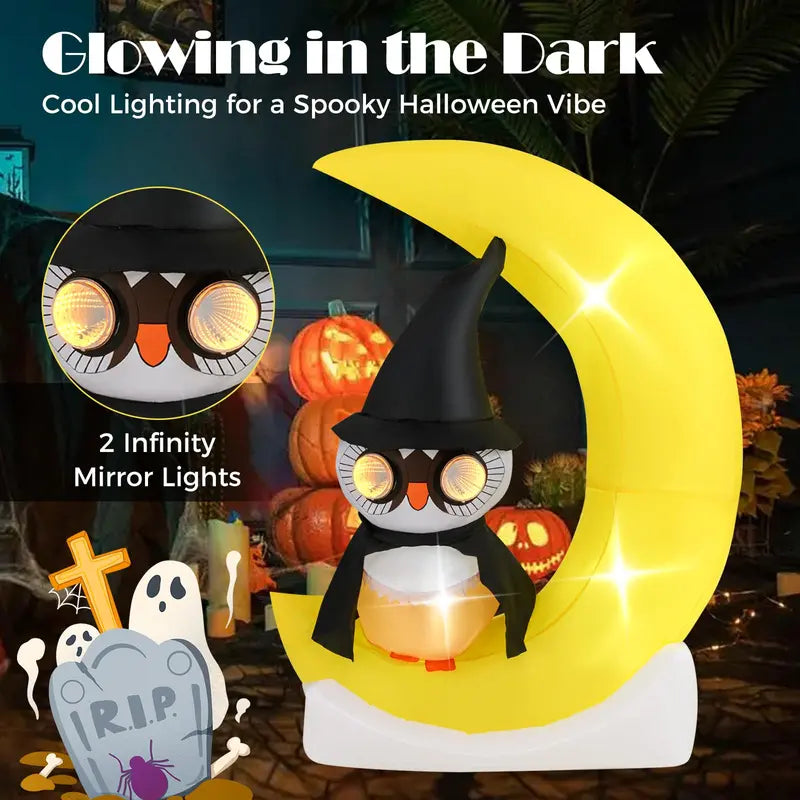 5.1 ft Pre-Lit Halloween Inflatable  Owl on the Moon Decor with Witch Hat & Integrated LED Lights