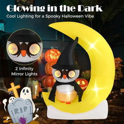 5.1 ft Pre-Lit Halloween Inflatable  Owl on the Moon Decor with Witch Hat & Integrated LED Lights