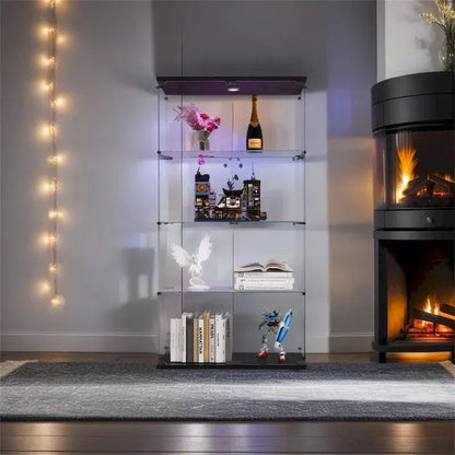 Lighted Double-Door Glass Display Cabinet  Black Finish with Four Adjustable Shelves