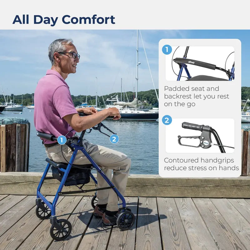 Drive Medical 4-Wheel Rollator Walker  Foldable Design with Padded Seat & Backrest, 6″ Wheels, Durable Blue Frame