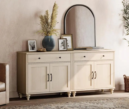 68-Inch Off-White Farmhouse Sideboard  Large Buffet Credenza with 4 Doors, 2 Drawers & Dining Room Style