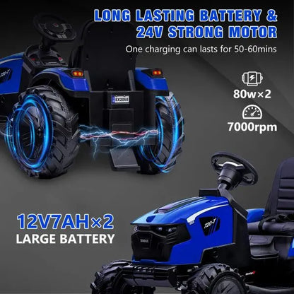 24V 3-in-1 Ride-On Tractor  Excavator & Bulldozer Functions, Remote Control, LED Lights, Bluetooth Audio (Blue)