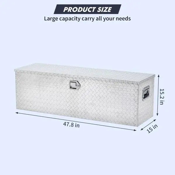 48″ Diamond Plate Truck Bed Toolbox  Silver Aluminum Storage Box with Internal Shelf