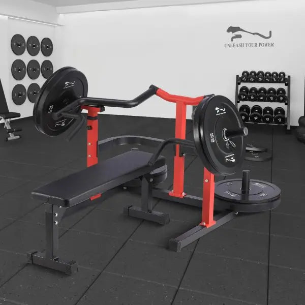 Heavy-Duty Chest Press Machine  1050-LB Weight Capacity, Independent Converging Arms & Adjustable Flat Bench (Red)