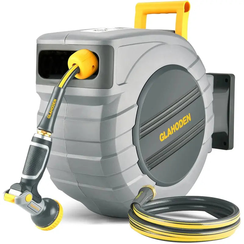 GLAHODEN Wall-Mounted Retractable Hose Reel  100 ft, 5/8″ Premium Garden Hose