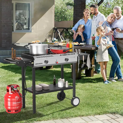 Dual-Burner Propane Outdoor Stove  150,000 BTU Griddle Cooker with Auto-Ignition, Regulator & Side Shelves