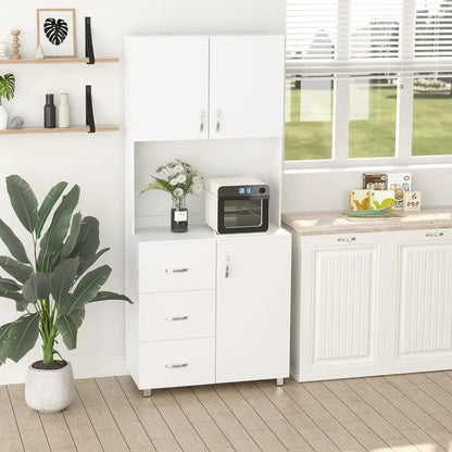 White Freestanding Kitchen Pantry with Open Countertop, Three Drawers, and Adjustable Interior Shelf—Functional Microwave and Storage Solution