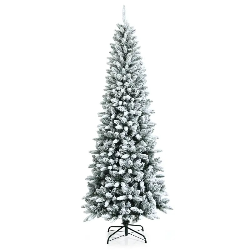 Hinged Snow-Flocked Pencil Christmas Tree  Ultra-Slim Pre-Lit Holiday Tree