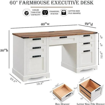 60-Inch Farmhouse-Style Executive Desk  Solid Wood Computer Workstation for Home Office