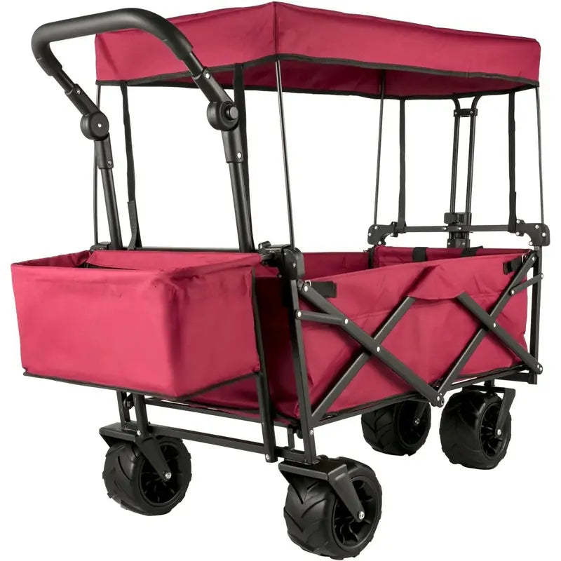 Collapsible Red Wagon Cart with Canopy, 360° Swivel Wheels, and 220-Lb Load Capacity