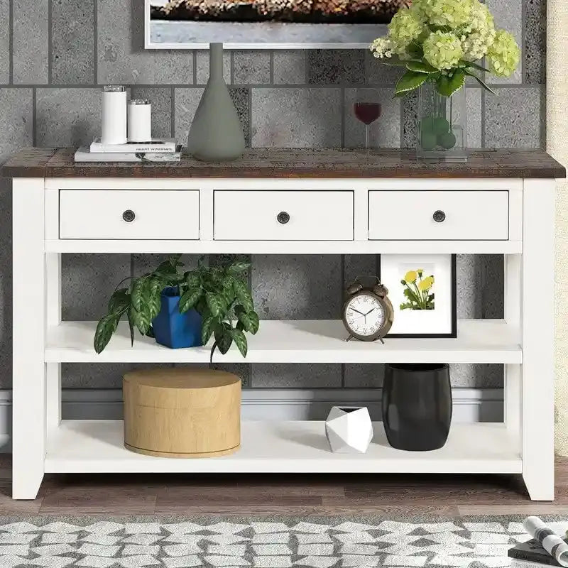 Wooden Console Table with Three Drawers and Dual Open Shelving  Entryway or Living Room Organizer