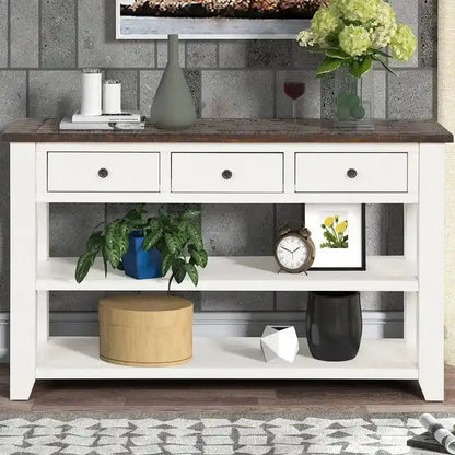 Wooden Console Table with Three Drawers and Dual Open Shelving  Entryway or Living Room Organizer